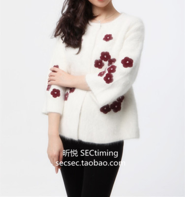 韩版花朵刺绣秋冬纯色时尚加厚中长款水貂绒毛衣外套开衫大衣女款