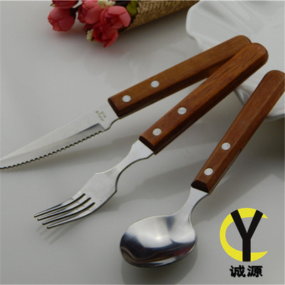 复古木柄刀叉勺3件套 高档西餐厅刀叉勺餐具 木柄牛排刀叉勺