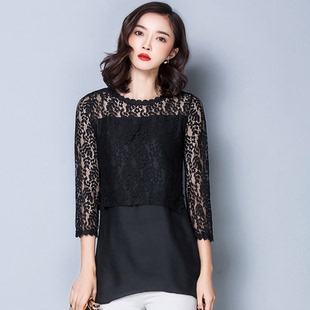 2016春装新款韩版宽松七分袖雪纺衫上衣女款中长款蕾丝衫