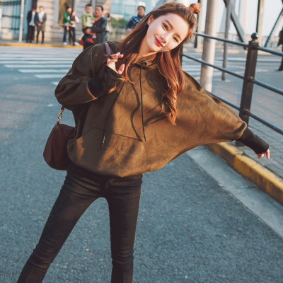 连帽卫衣女2017春装新款韩版学生麂皮绒bf风蝙蝠袖纯色宽松外套潮