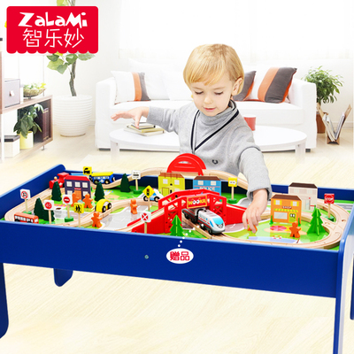 儿童木质小火车轨道带桌子套装木制拼搭轨道配电动火车头玩具礼物