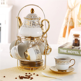 陶瓷咖啡杯具 牛奶杯欧式茶具套装6杯带泡茶壶过滤孔送不锈钢架子