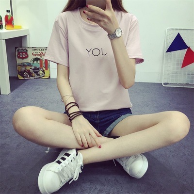 包邮2016韩国新款夏装白色体恤圆领宽松字母印花纯棉短袖t恤女士