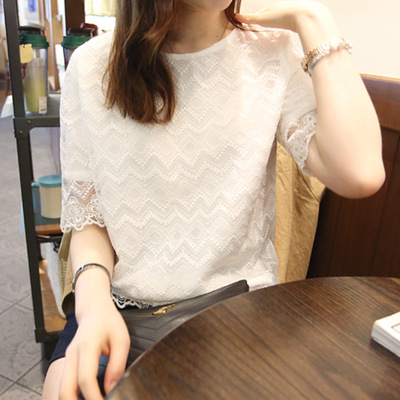 2016夏季新款圆领短袖宽松蕾丝衫韩版显瘦白色上衣