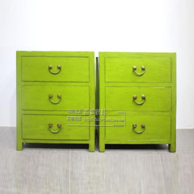 现货 现代中式仿古家具蓝绿色做旧三抽床头小柜，文件柜，斗柜