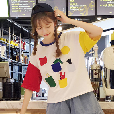 2016年夏季新款时尚女装韩版几何图案印花纯棉短袖T恤