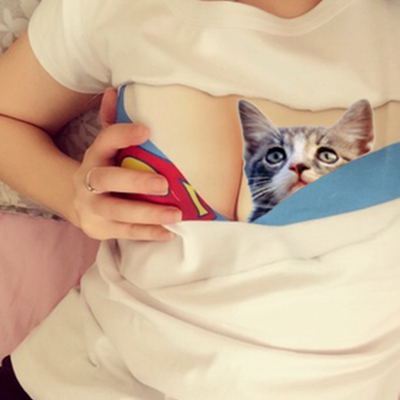 创意猫咪印花图案T恤搞怪3d性感cos软妹卡通趣味短袖纯棉恶搞礼物