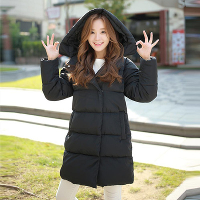 2016冬季新款韩版纯色长袖长款拉链修身连帽羽绒棉衣棉服外套女装