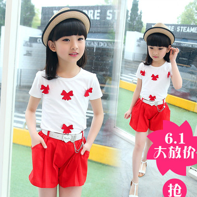女童套装2016夏季新款韩版儿童中大童时尚纯棉蝴蝶短袖t桖两件套