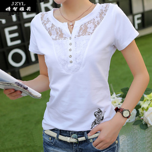 JZYL 新款韩版女装蕾丝镂空体恤纯色棉质大码短袖T恤女