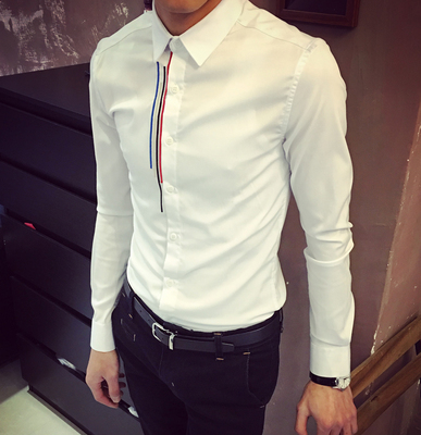 男士长袖衬衫韩版修身纯色结婚新郎伴郎寸衫时尚薄款白衬衣潮