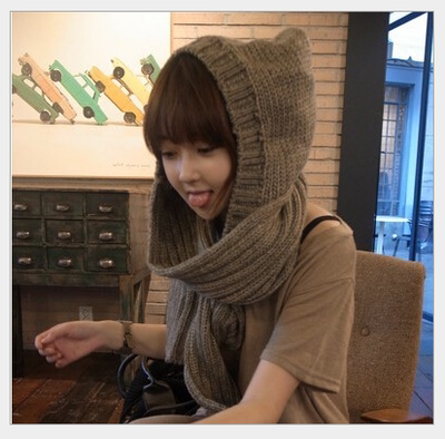 冬季韩版新款可爱保暖毛织连帽女士时尚围巾粗针厚实超长围脖