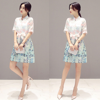 2016夏装新款 韩版修身短袖印花两件套欧根纱连衣裙夏中长款裙子
