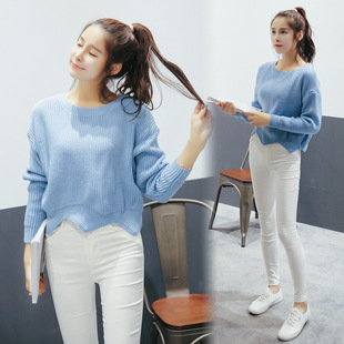 韩国2016秋冬新款宽松长袖不规则下摆女式毛衣纯色短款针织衫女装