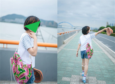 2016新款韩LDL 小清新手工帆布袋学生双肩抽绳袋帆布背包西瓜图案