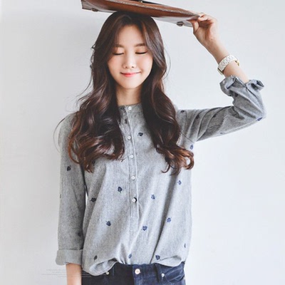 2016韩国小清新条纹立领衬衣 树叶刺绣显瘦长袖打底衬衫女