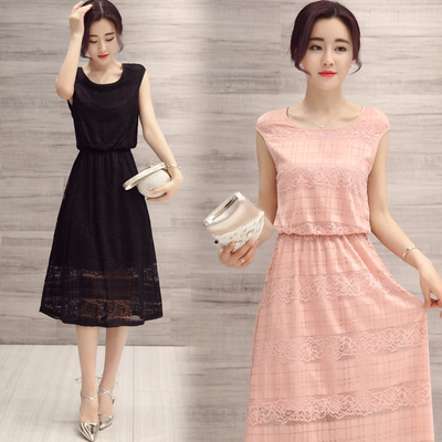 女装连衣裙2016夏装新款韩版修身圆领中袖蕾丝长裙拼接连衣裙