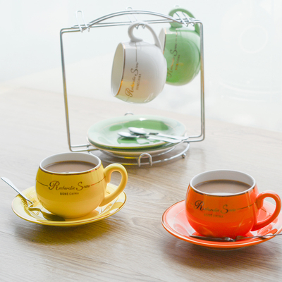 四福 糖果色创意咖啡杯套装 杯子简约陶瓷欧式咖啡杯碟送勺送架子