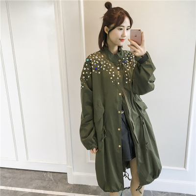 秋季新款韩版时尚镶钻设计大码宽松拉链排扣风衣女中长款外套+D78