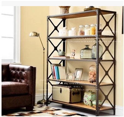 美式复古防锈铁艺书架做旧实木书房组合柜书橱简易单个书柜风格