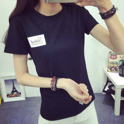 CVC拉架棉2016夏装新款韩版字母贴布绣花上衣修身百搭短袖T恤女潮