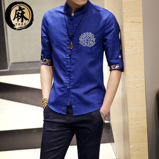 2016夏季新款七分袖韩版修身纯色男衬衫