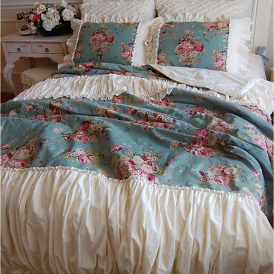 韩国进口华丽玫瑰花朵花束复古灰蓝美式风立体褶皱四件套床品