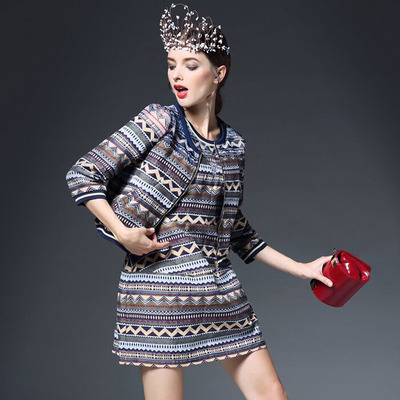 2015秋季欧美时尚复古优雅印花套装短款小外套背心连衣裙两件套潮