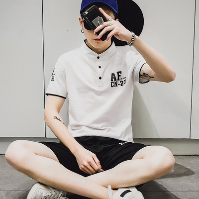 男士夏季休闲运动套装短袖T恤男立领韩版修身上衣服潮健身跑步舒
