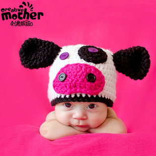 动物造型儿童摄影毛线帽 婴儿卡通小奶牛帽子拍照百天宝宝满月照