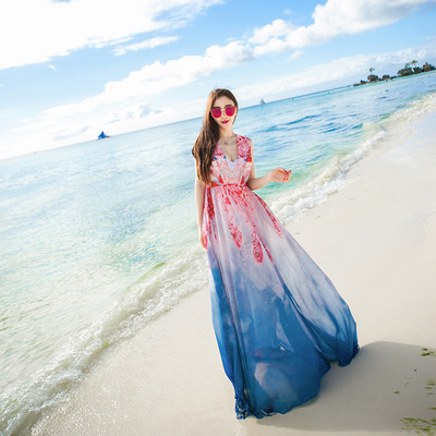 沙滩裙 长裙波西米亚民族风印花连衣裙海边度假显瘦V领大摆度假裙