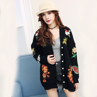 2016年韩版秋季复古刺绣长款V领开衫修身显瘦蝙蝠袖毛衣针织外套