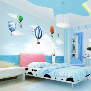 3D立体儿童房卧室壁纸男孩儿卡通墙纸手绘气球海洋幼儿园主题壁画