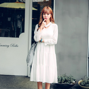 2016年秋季套头无长裙甜美大摆型V领单件白色蕾丝纯色连衣裙正品