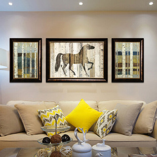 进口原版欧式美式装饰画客厅沙发墙画横版现代挂画组合三联壁画马