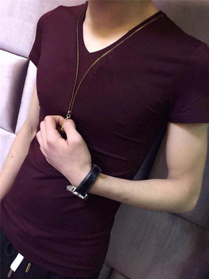 2015新款 纯色弹力棉V领拉链短袖T恤 男装韩版修身潮男士打底衫