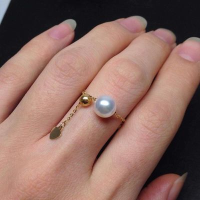 天然日本AKOYA海水珍珠戒指 7-7.5mm 18K黄金 可以调节链条戒指