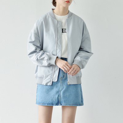 iFashion秋新款女装韩版宽松纯色棒球服女长袖简约短外套夹克上衣
