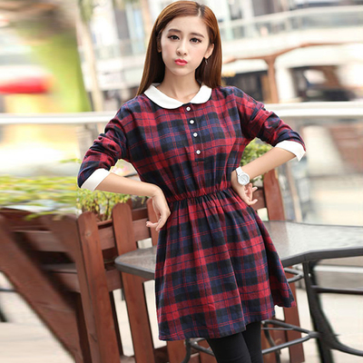长袖连衣裙2015秋季新品韩版女装修身显瘦红色格子娃娃领连衣裙