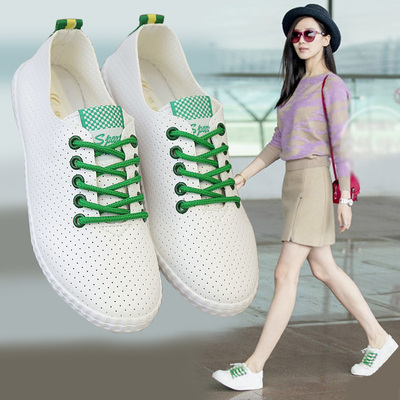 2016韩版新款单鞋高端跑步女鞋学生平底鞋系带板鞋透气洞洞小白鞋