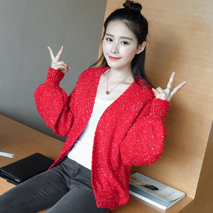 红色开衫毛衣秋季2016韩版女线衣百搭针织衫学生外套潮