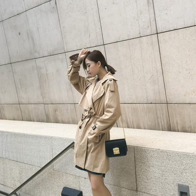 自制款韩版女时尚双排扣宽松系带收腰中长款女式风衣外套G84