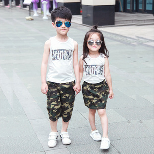 夏季韩版个性时尚迷彩兄妹修身T恤男女迷彩裤裙套装亲子