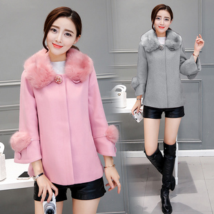 2016冬季新款韩版女装常规款纯色修身毛领羊绒外套九分袖