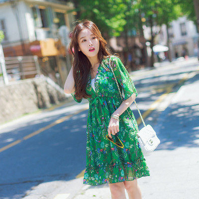 2016夏装韩版女V领高腰荷叶边绿色黄色碎花两件套大摆型连衣裙