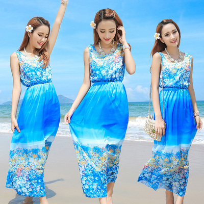 2016年夏季休闲时尚夏蓝色无袖背心裙雪纺海洋花色沙滩连衣裙