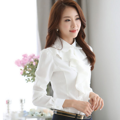 2016新款春秋衬衣女 韩版女式OL长袖雪纺白色衬衫 荷叶边打底衫