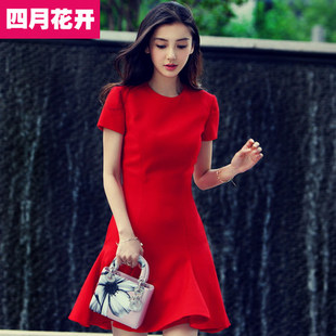 新款韩国明星同款显瘦大红色连衣裙2016春夏季 修身OL中长款裙子