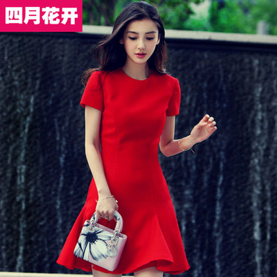 新款韩国明星同款显瘦大红色连衣裙2016春夏季 修身OL中长款裙子
