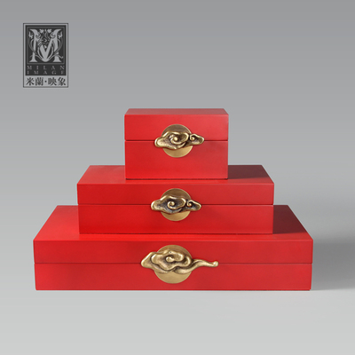 米兰映象 现代中式软装样板房创意木质红色首饰盒家居装饰工艺品